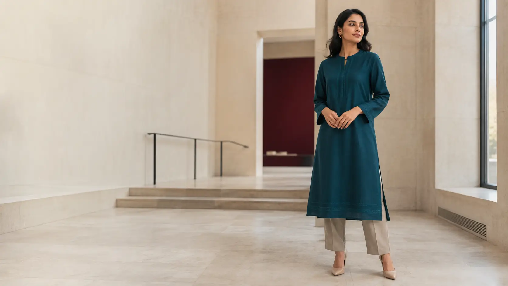 A model wearing a teal MEYZAAR ready-to-wear look
