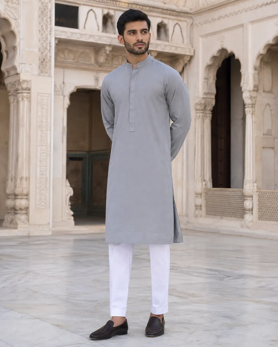 Model wearing Hasan stone kurta set