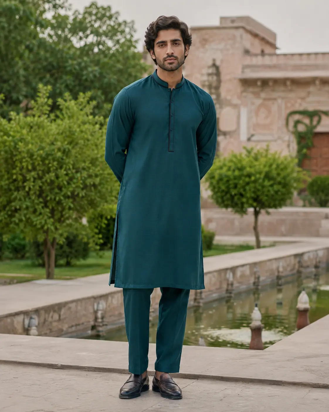 Model wearing Daniyal teal band-collar kurta