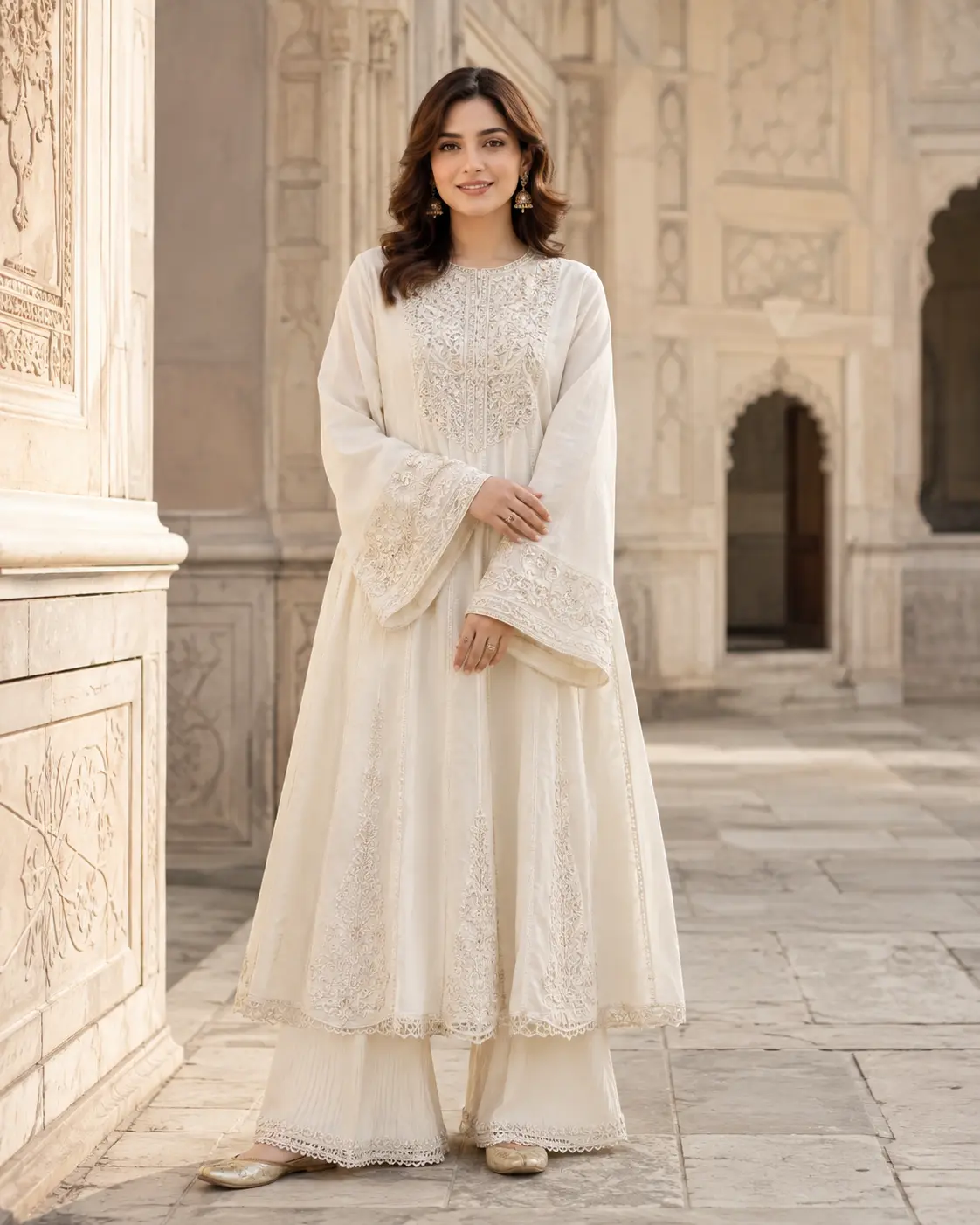 Model wearing Rumi ivory panelled set