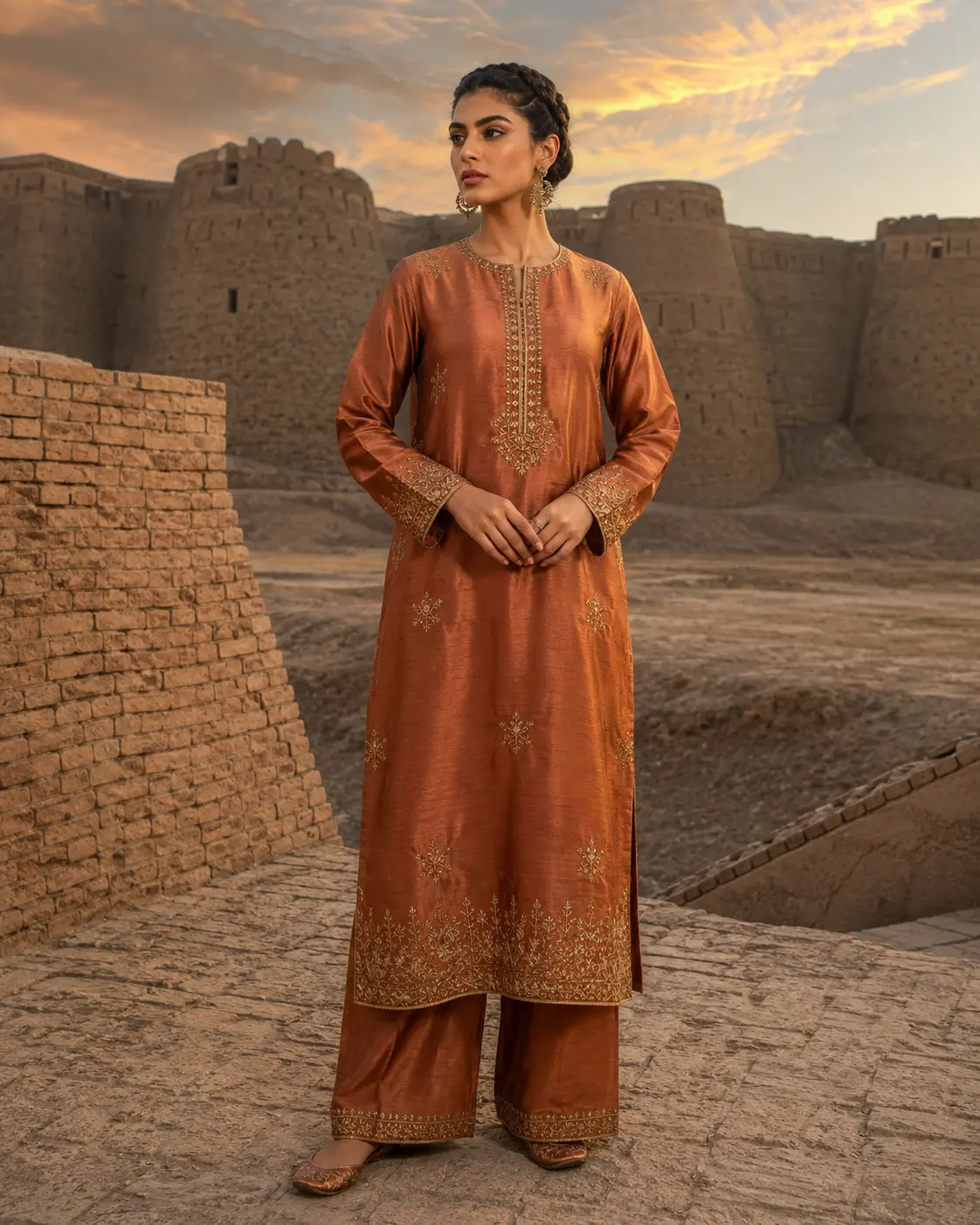 Model wearing Mehr copper raw-silk set